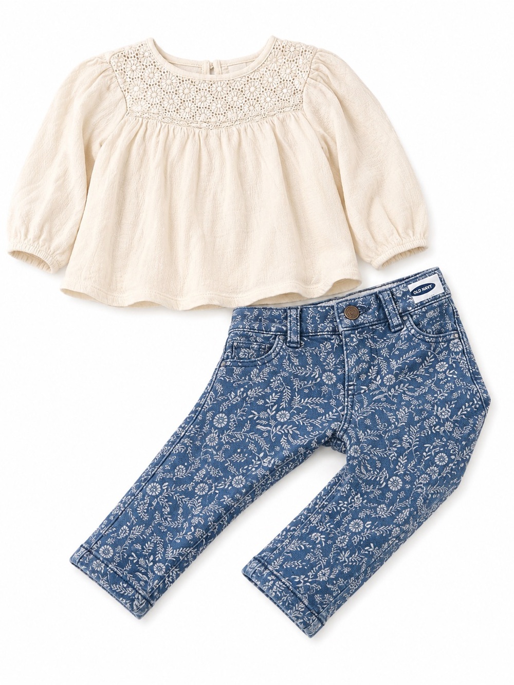 Old Navy Cream Crochet Yoke Top with Blue Floral Jeans - Kids